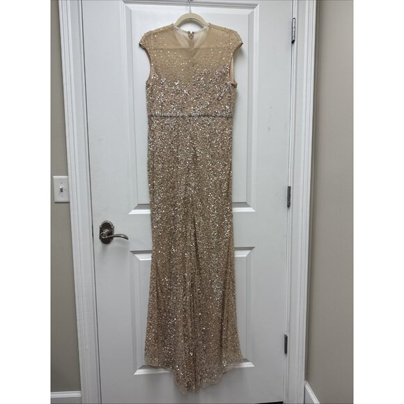New Mac Duggal Size 8 Beige 5619 Embellished Illusion High Neck Cap Sleeve Gown - Picture 8 of 12